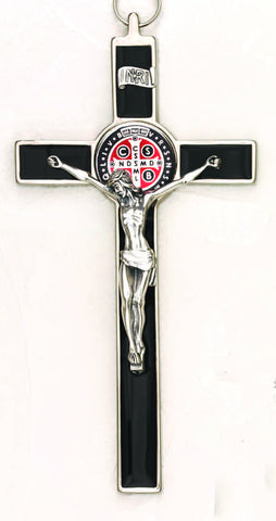 8 inch Foil Effect Black with Black Medal and Silver Toned St Benedict Hanging Crucifix Boxed - Beautiful Catholic Gifts