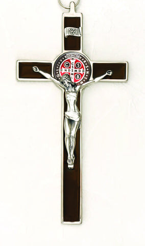 8 inch Foil Effect Brown with Brown Medal and Silver Toned St Benedict Hanging Crucifix Boxed - Beautiful Catholic Gifts