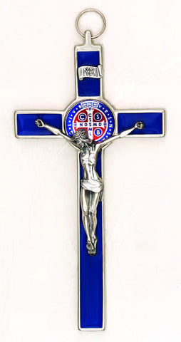 8 inch Foil Effect Blue with Blue Medal and Silver Toned St Benedict Hanging Crucifix Boxed - Beautiful Catholic Gifts