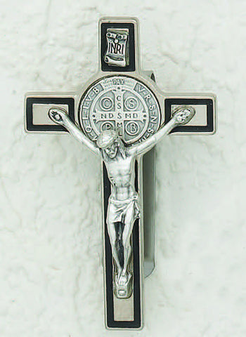 Saint Benedict Silver/Black Cross- 3 inch with clip - Beautiful Catholic Gifts